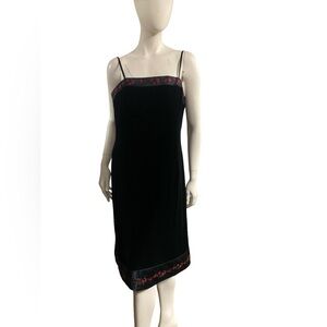 Papell Boutique 90s Black Velour Slip Dress with Floral Accents